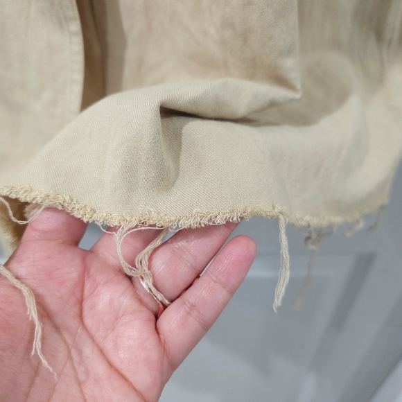 Tan Linen Cotton Blend Elastic Waist Midi Skirt, Tie Belt, Front Slit, Pockets - Picture 10 of 14